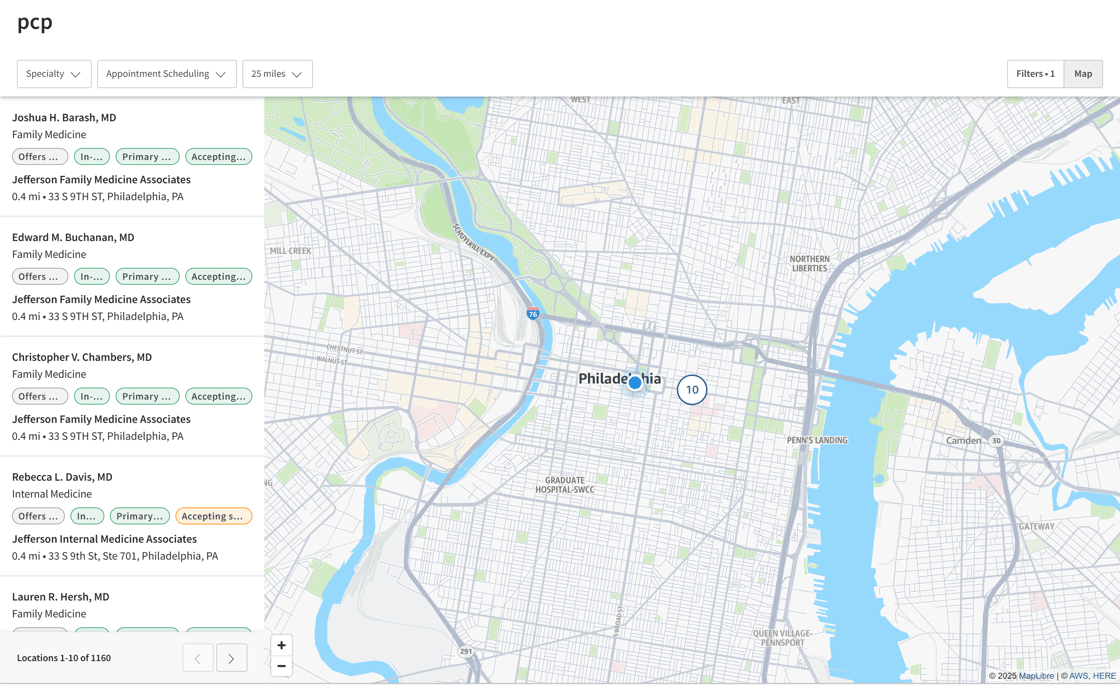 After, provider cards on the left side of search map view