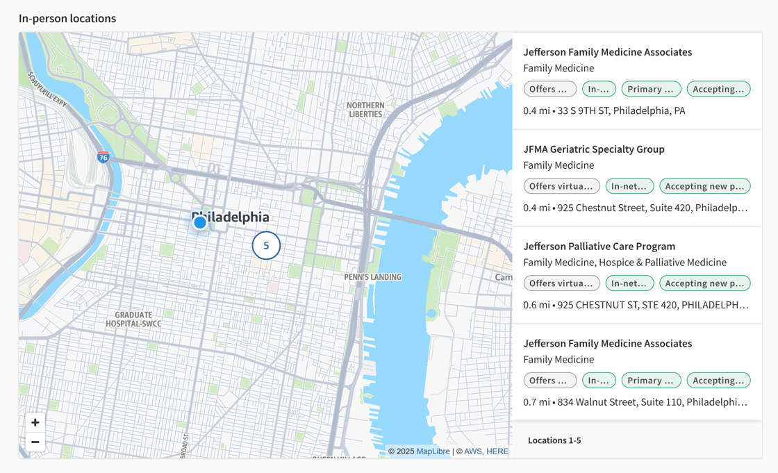 Before, provider cards on the right side of profile page map